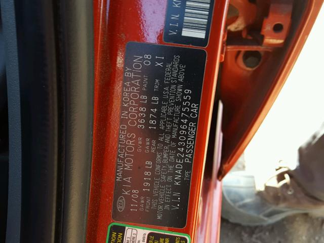 KNADE243096475559 - 2009 KIA RIO 5 SX RED photo 10