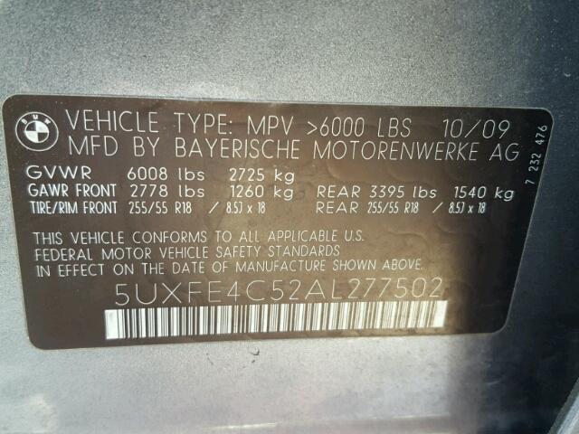 5UXFE4C52AL277502 - 2010 BMW X5 XDRIVE3 GRAY photo 10