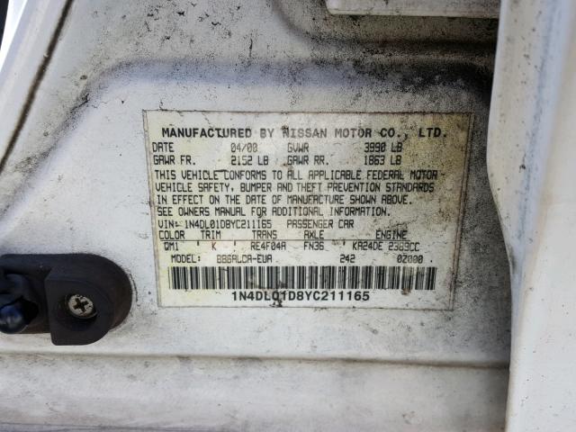 1N4DL01D8YC211165 - 2000 NISSAN ALTIMA XE WHITE photo 10