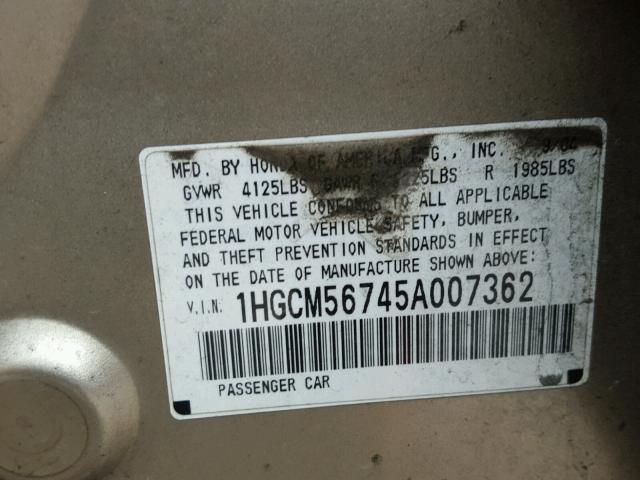 1HGCM56745A007362 - 2005 HONDA ACCORD EX GOLD photo 10