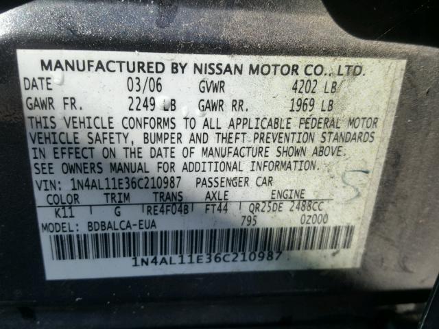 1N4AL11E36C210987 - 2006 NISSAN ALTIMA S CHARCOAL photo 10