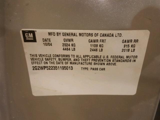 2G2WP522351195013 - 2005 PONTIAC GRAND PRIX SILVER photo 10