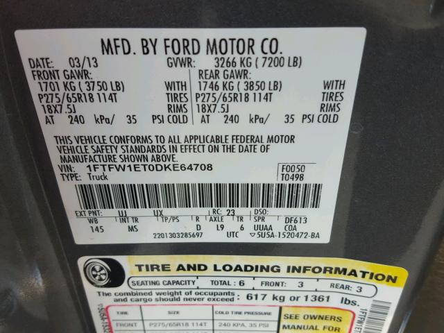 1FTFW1ET0DKE64708 - 2013 FORD F150 SUPER GRAY photo 10