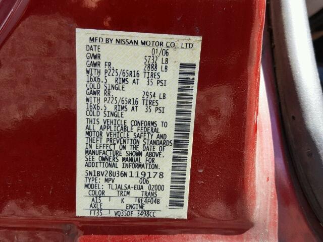 5N1BV28U36N119178 - 2006 NISSAN QUEST S/SE RED photo 10