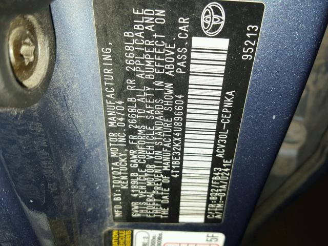 4T1BE32KX4U896604 - 2004 TOYOTA CAMRY LE BLUE photo 10