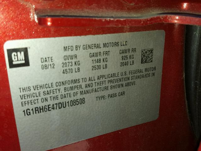 1G1RH6E47DU108508 - 2013 CHEVROLET VOLT RED photo 10