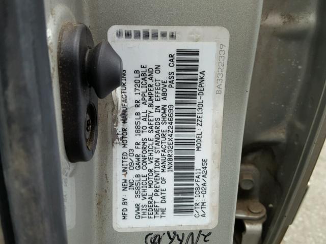 1NXBR32EX4Z246699 - 2004 TOYOTA COROLLA CE SILVER photo 10