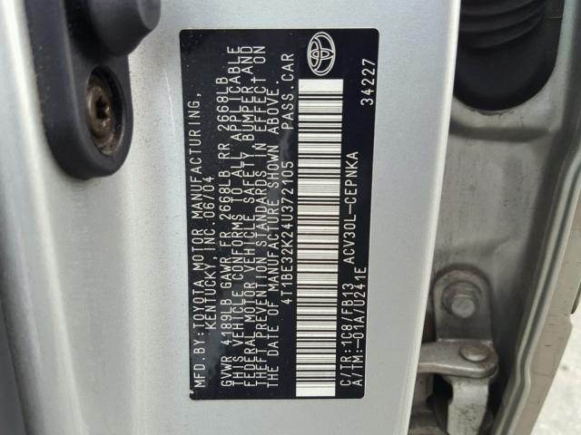 4T1BE32K24U372105 - 2004 TOYOTA CAMRY LE SILVER photo 10