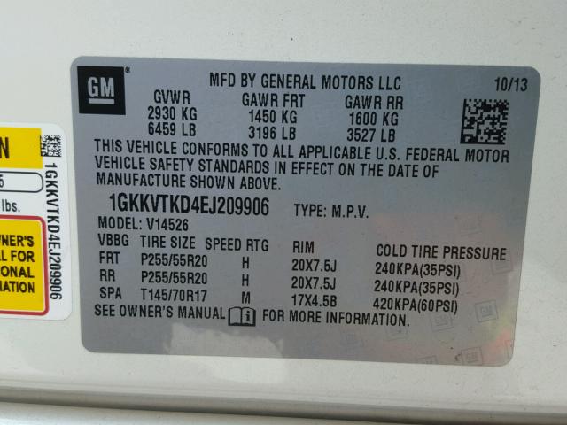 1GKKVTKD4EJ209906 - 2014 GMC ACADIA DEN WHITE photo 10