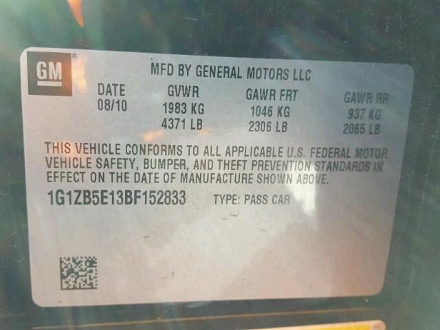 1G1ZB5E13BF152833 - 2011 CHEVROLET MALIBU LS 黑色 照片 10