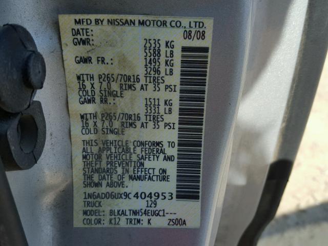 1N6AD06UX9C404953 - 2009 NISSAN FRONTIER K SILVER photo 10