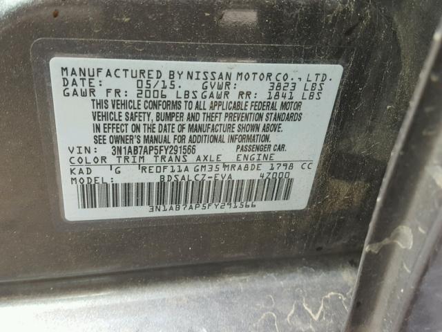 3N1AB7AP5FY291566 - 2015 NISSAN SENTRA S GRAY photo 10