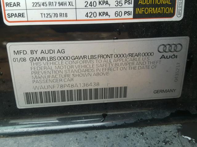 WAUNF78P48A136438 - 2008 AUDI A3 2.0 PRE BLACK photo 10