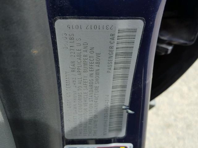 WVWWH63B34E004314 - 2004 VOLKSWAGEN PASSAT GLX BLUE photo 10
