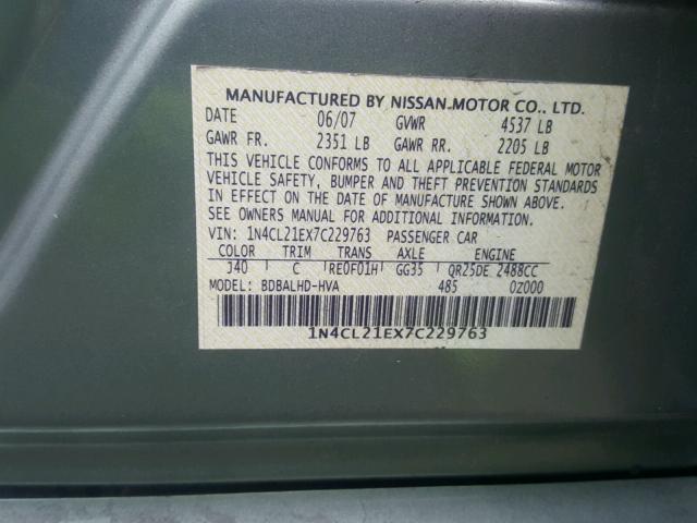 1N4CL21EX7C229763 - 2007 NISSAN ALTIMA HYB GREEN photo 10