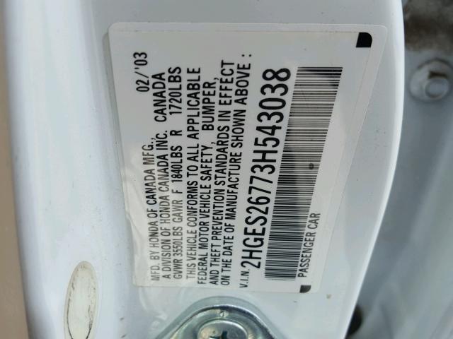 2HGES26773H543038 - 2003 HONDA CIVIC EX WHITE photo 10