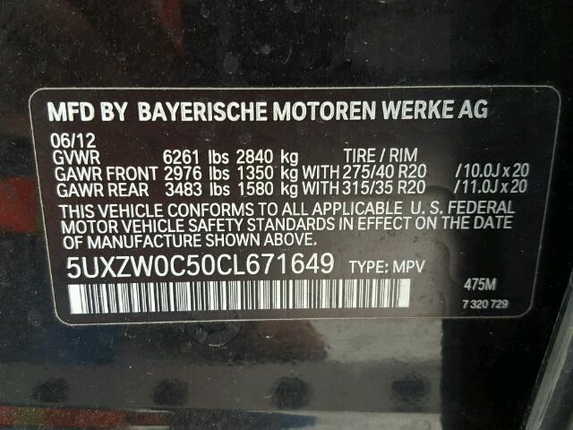 5UXZW0C50CL671649 - 2012 BMW X5 XDRIVE3 BLACK photo 10