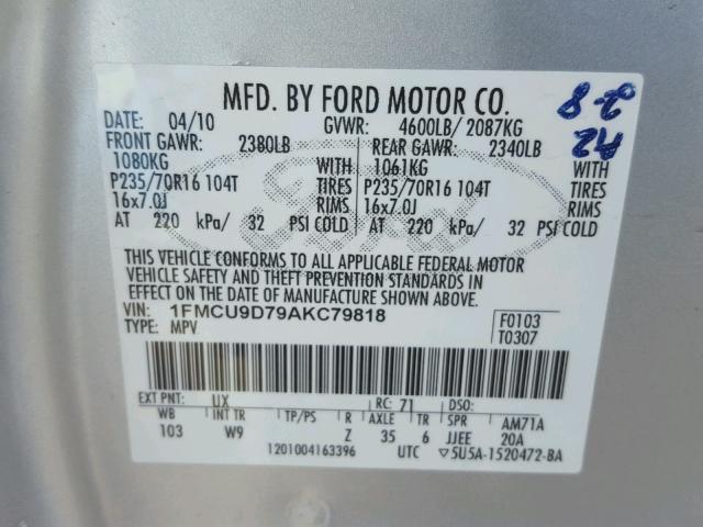 1FMCU9D79AKC79818 - 2010 FORD ESCAPE XLT SILVER photo 10