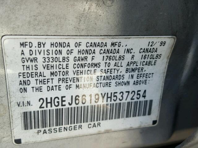 2HGEJ6619YH537254 - 2000 HONDA CIVIC BASE SILVER photo 10