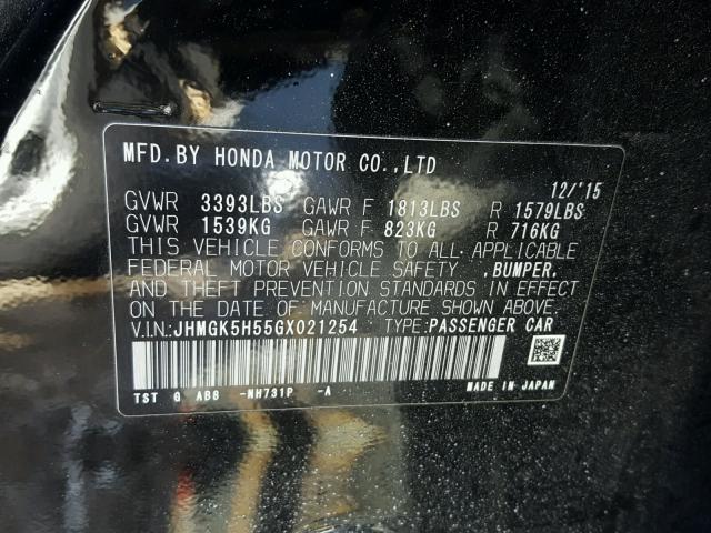 JHMGK5H55GX021254 - 2016 HONDA FIT LX Чорний фото 10