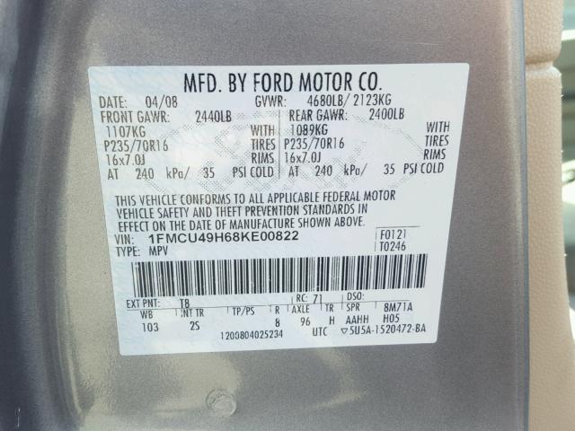 1FMCU49H68KE00822 - 2008 FORD ESCAPE HEV SILVER photo 10