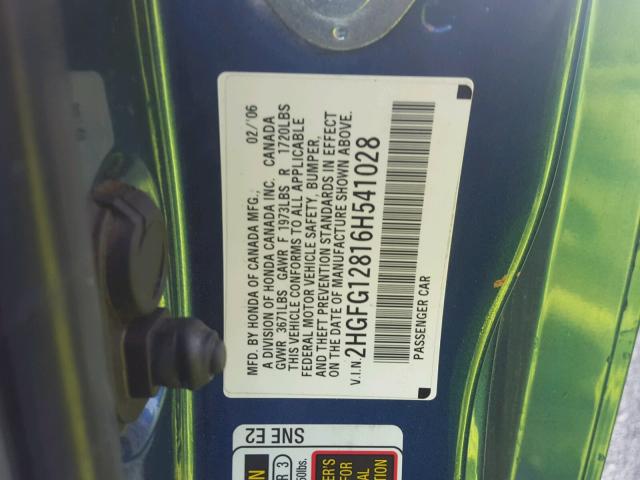 2HGFG12816H541028 - 2006 HONDA CIVIC EX BLUE photo 10