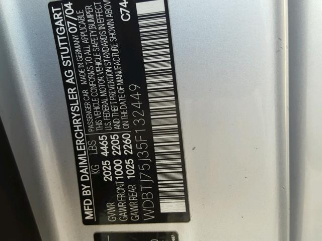 WDBTJ75J35F132449 - 2005 MERCEDES-BENZ CLK 500 SILVER photo 10