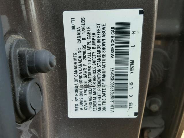 2HGFB2F90CH520478 - 2012 HONDA CIVIC EXL 棕色 照片 10