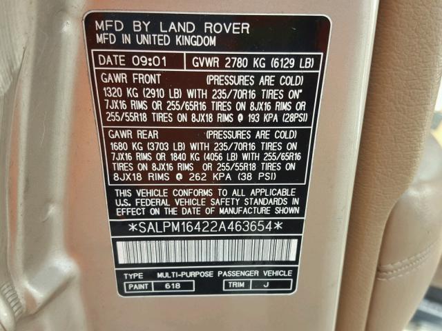 SALPM16422A463654 - 2002 LAND ROVER RANGE ROVE GOLD photo 10