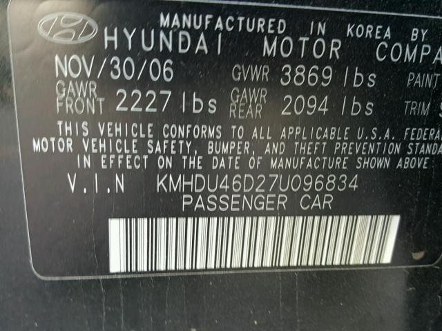 KMHDU46D27U096834 - 2007 HYUNDAI ELANTRA GL BLACK photo 10