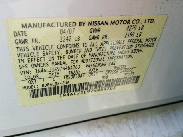 1N4AL21E97N464263 - 2007 NISSAN ALTIMA 2.5 WHITE photo 10