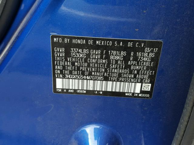 3HGGK5G54HM707085 - 2017 HONDA FIT LX BLUE photo 10