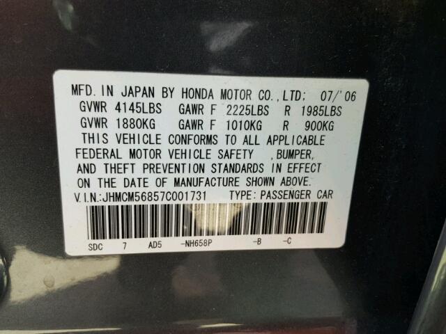 JHMCM56857C001731 - 2007 HONDA ACCORD EX GRAY photo 10