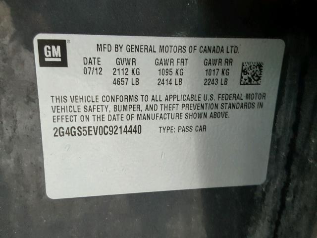 2G4GS5EV0C9214440 - 2012 BUICK REGAL PREM CHARCOAL photo 10