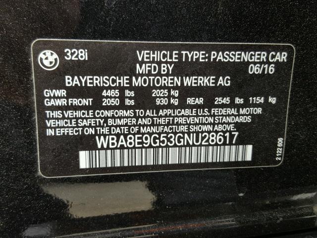 WBA8E9G53GNU28617 - 2016 BMW 328 I SULE BLACK photo 10