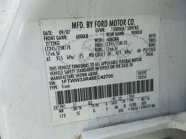 1FTWW33R48EC42700 - 2008 FORD F350 SUPER WHITE photo 10