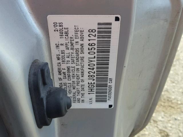 1HGEJ8240YL056128 - 2000 HONDA CIVIC EX ვერცხლისფერი ფოტო 10