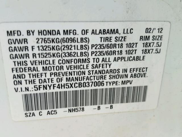 5FNYF4H5XCB037006 - 2012 HONDA PILOT EXL WHITE photo 10