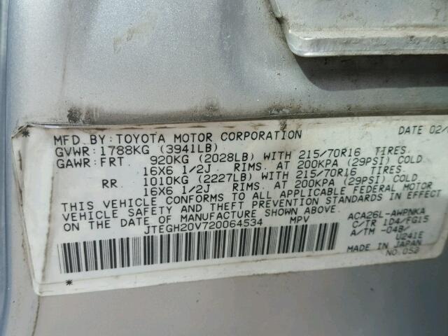 JTEGH20V720064534 - 2002 TOYOTA RAV4 SILVER photo 10