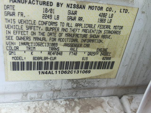 1N4AL11D62C131069 - 2002 NISSAN ALTIMA BAS WHITE photo 10