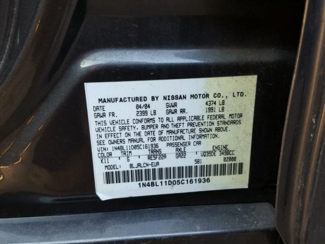 1N4BL11D05C161936 - 2005 NISSAN ALTIMA SE GRAY photo 10