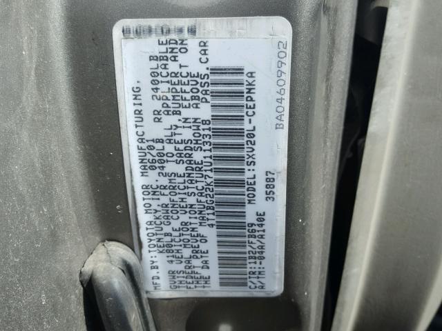 4T1BG22K71U113318 - 2001 TOYOTA CAMRY CE GRAY photo 10