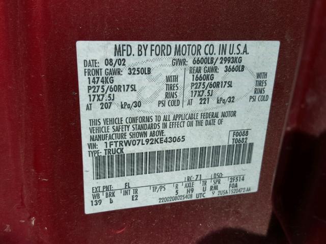 1FTRW07L92KE43065 - 2002 FORD F150 SUPER RED photo 10