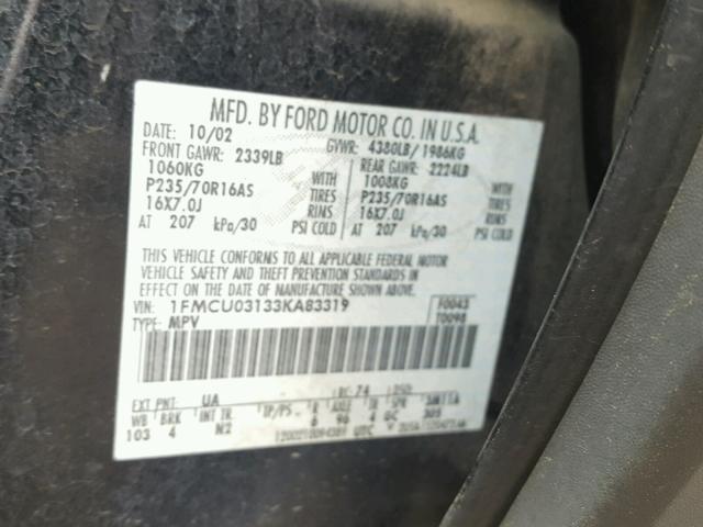 1FMCU03133KA83319 - 2003 FORD ESCAPE XLT BLACK photo 10