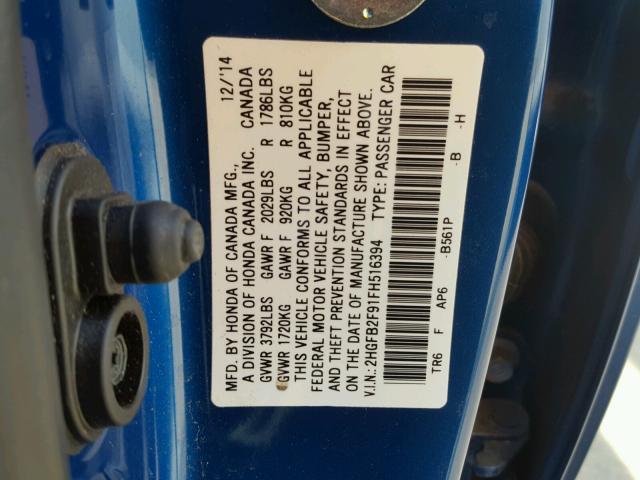 2HGFB2F91FH516394 - 2015 HONDA CIVIC EXL BLUE photo 10