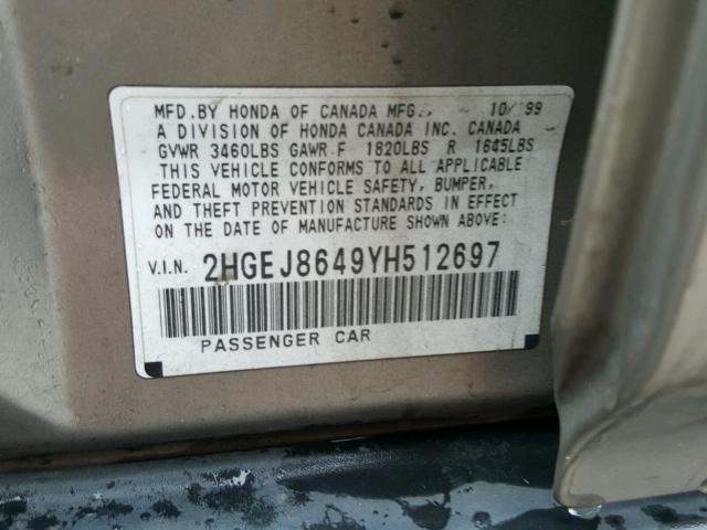 2HGEJ8649YH512697 - 2000 HONDA CIVIC EX BEIGE photo 10