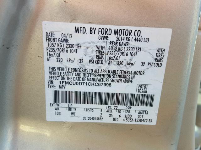 1FMCU0D71CKC67998 - 2012 FORD ESCAPE XLT GOLD photo 10