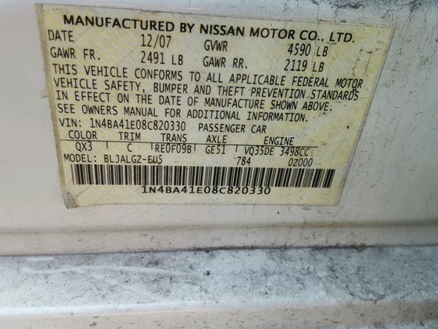 1N4BA41E08C820330 - 2008 NISSAN MAXIMA SE WHITE photo 10