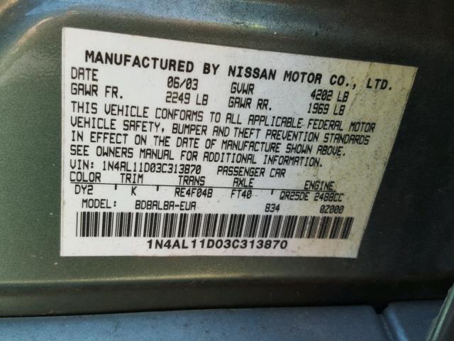 1N4AL11D03C313870 - 2003 NISSAN ALTIMA BAS BLUE photo 10