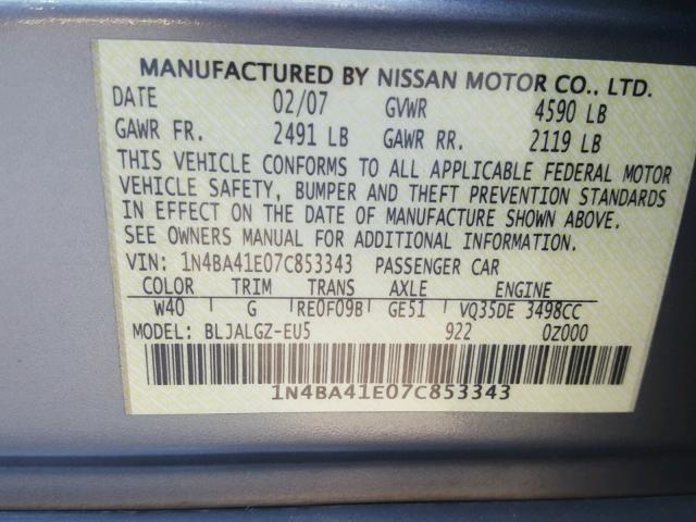 1N4BA41E07C853343 - 2007 NISSAN MAXIMA SE GRAY photo 10